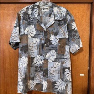 Mens Hawaiian Shirt Large Blue & Brown Howie - made in Hawaii Tropical print